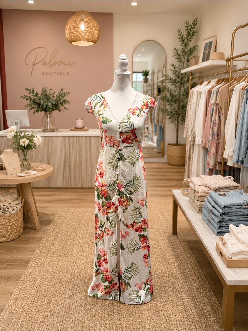 Ambience Tropical Floral Maxi Dress Small Button Front Rayon